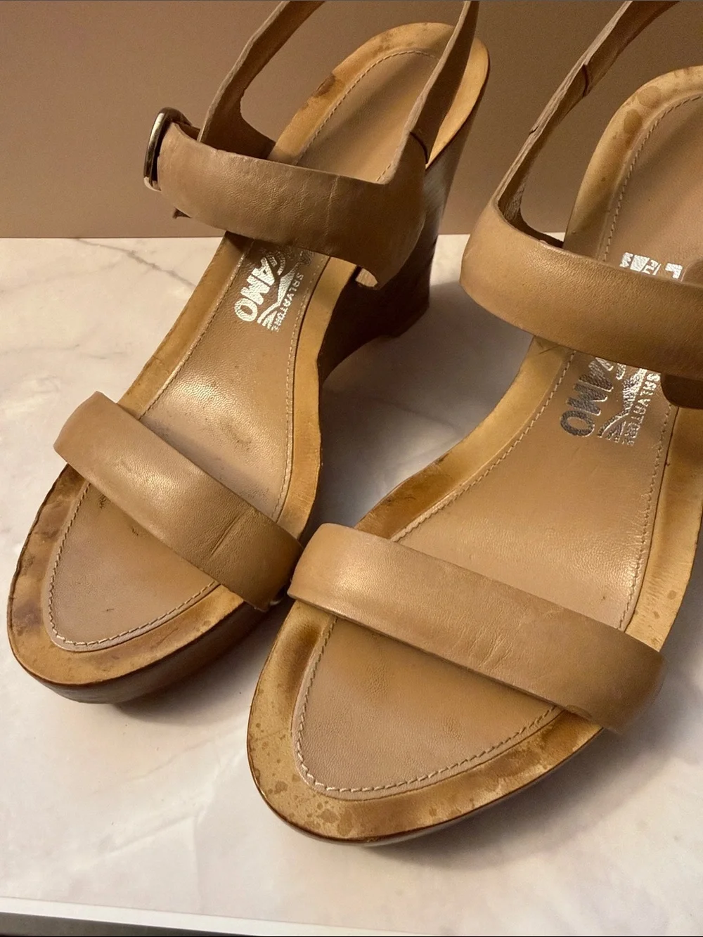 Salvatore Ferragamo Tan Leather Two‑Strap Slingback Sandals